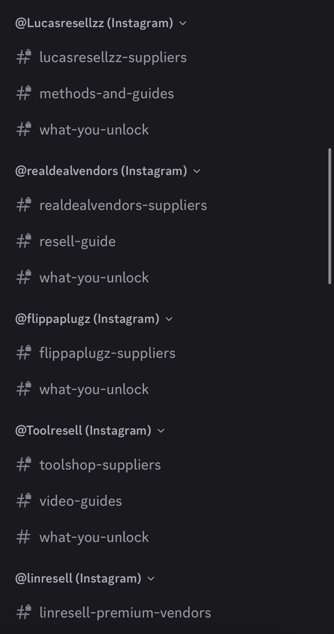 Premium Discord channel list showing Lucasresellzz, realdealvendors, flippaplugz, Toolresell, and linresell