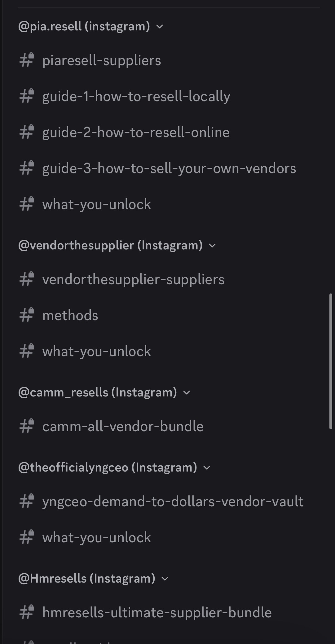 Premium Discord channel list showing pia.resell, vendorthesupplier, camm_resells, theofficialyngceo, and Hmresells