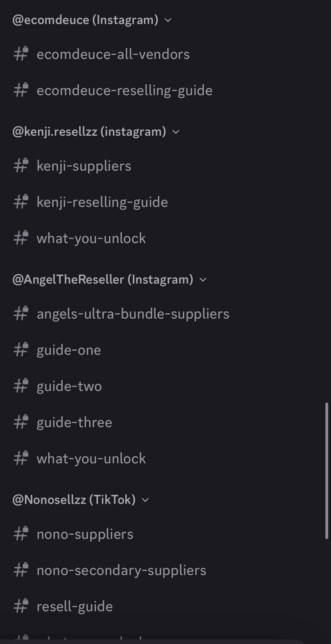 Premium Discord channel list showing ecomdeuce, kenji.resellzz, AngelTheReseller, and Nonosellzz